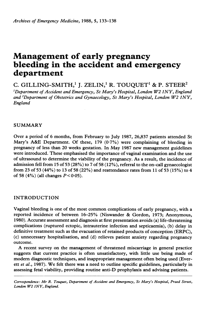 Pdf Management Of Early Pregnancy Bleeding In The Accident
