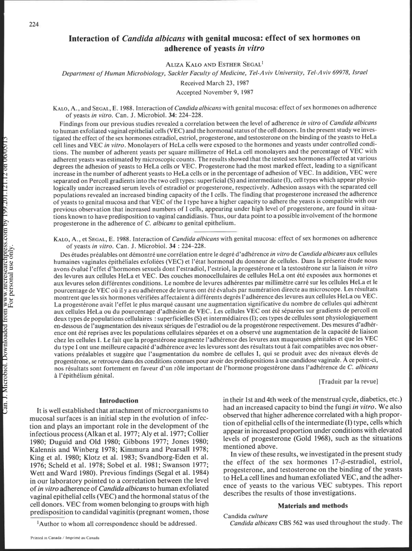 Pdf Interaction Of Candida Albicans With Genital Mucosa Effect Of Sex Hormones On Adherence 