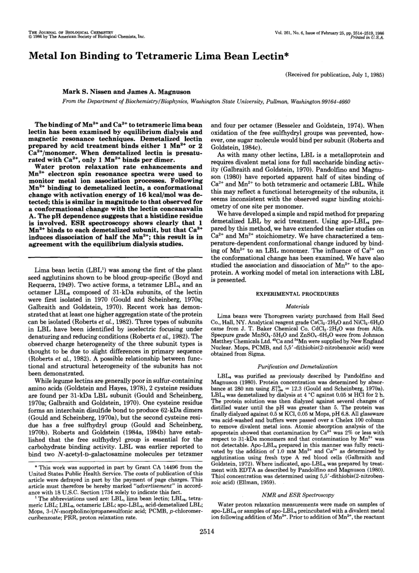 (PDF) Metal ion binding to tetrameric lima bean lectin