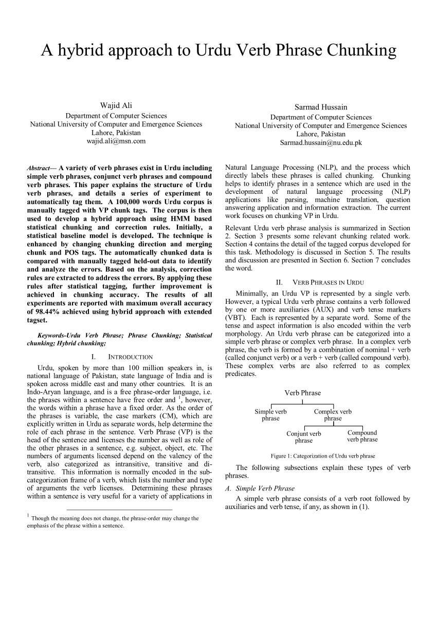 Pdf A Hybrid Approach To Urdu Verb Phrase Chunking