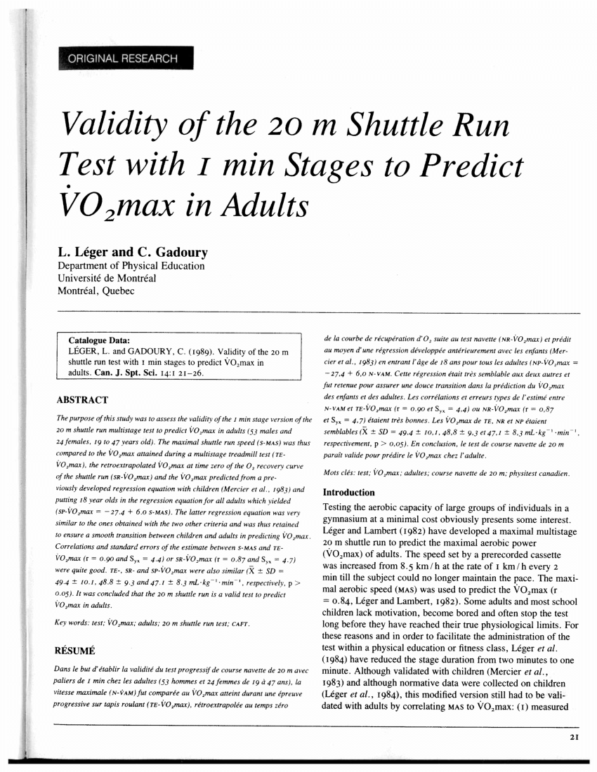 Pdf Validity Of The 20 M Shuttle Run Test With 1 Min Stages To