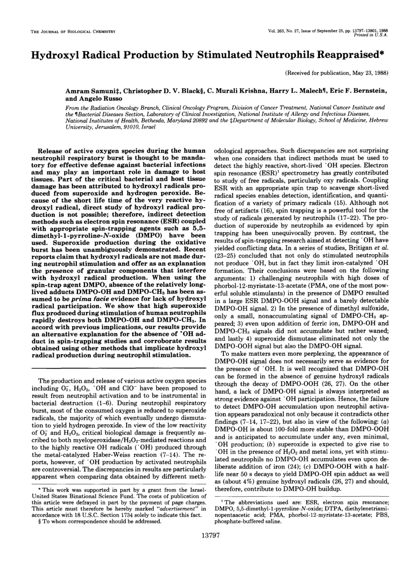 Pdf Hydroxyl Radical Production By Stimulated Neutrophils Reappraised