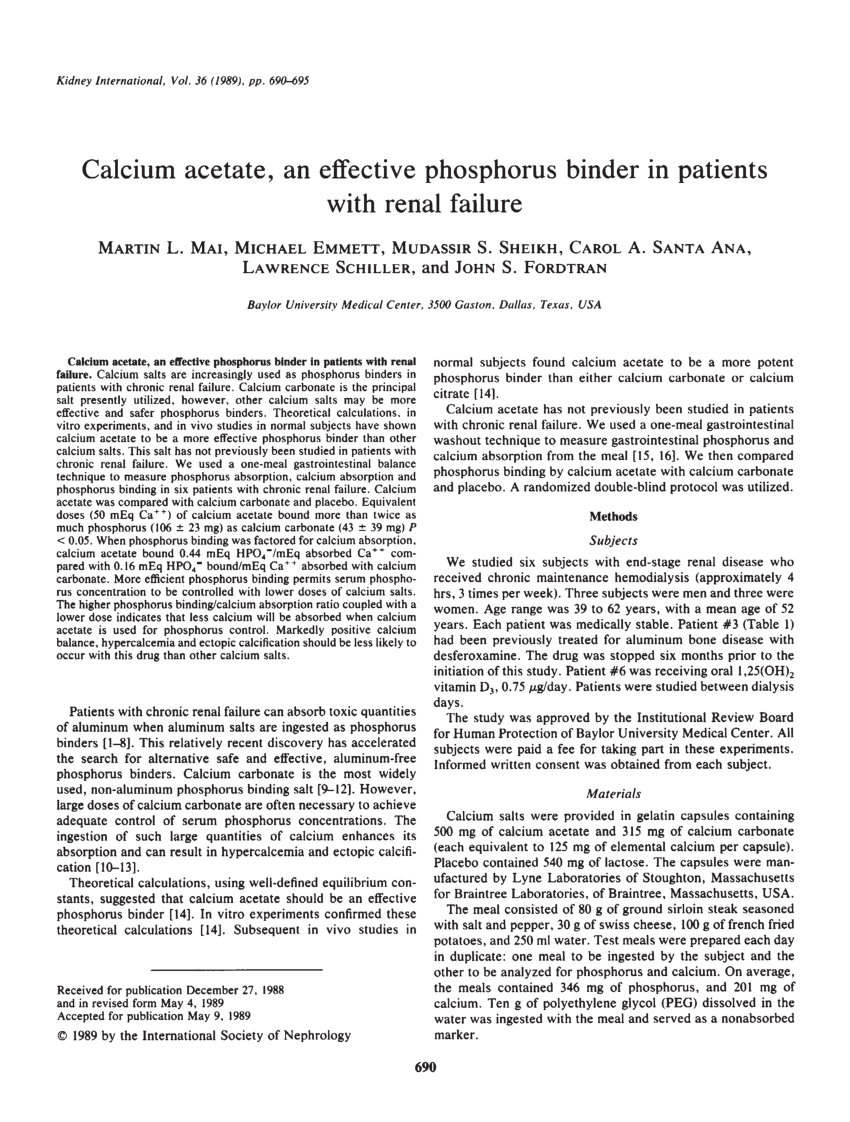 Pdf Calcium Acetate An Effective Phosphorus Binder In