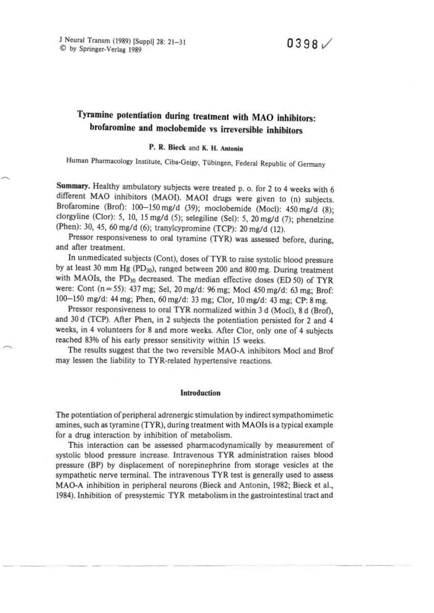 Pdf Tyramine Potentiation During Treatment With Mao Inhibitors Brofaromine And Moclobemide Vs Irreversible Inhibitors