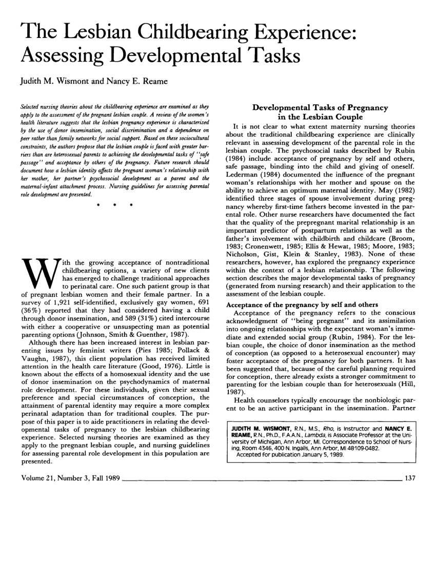 Pdf The Lesbian Childbearing Experience Assessing Developmental