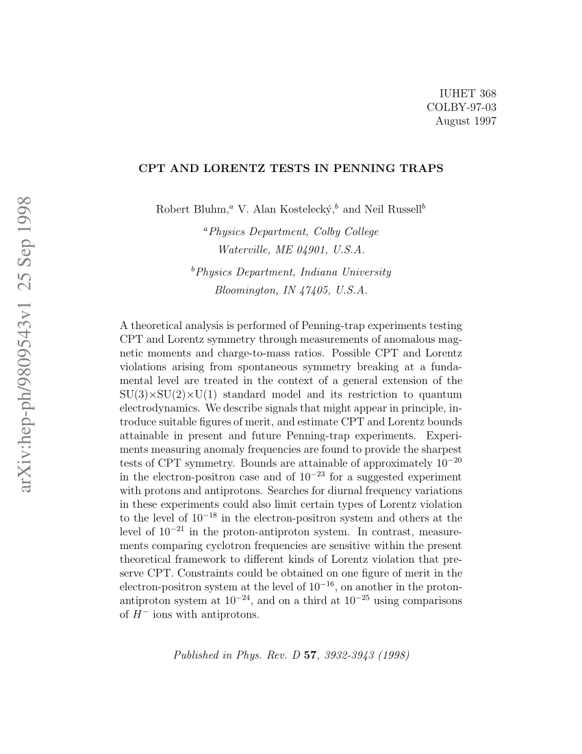 Pdf Cpt And Lorentz Tests In Penning Traps