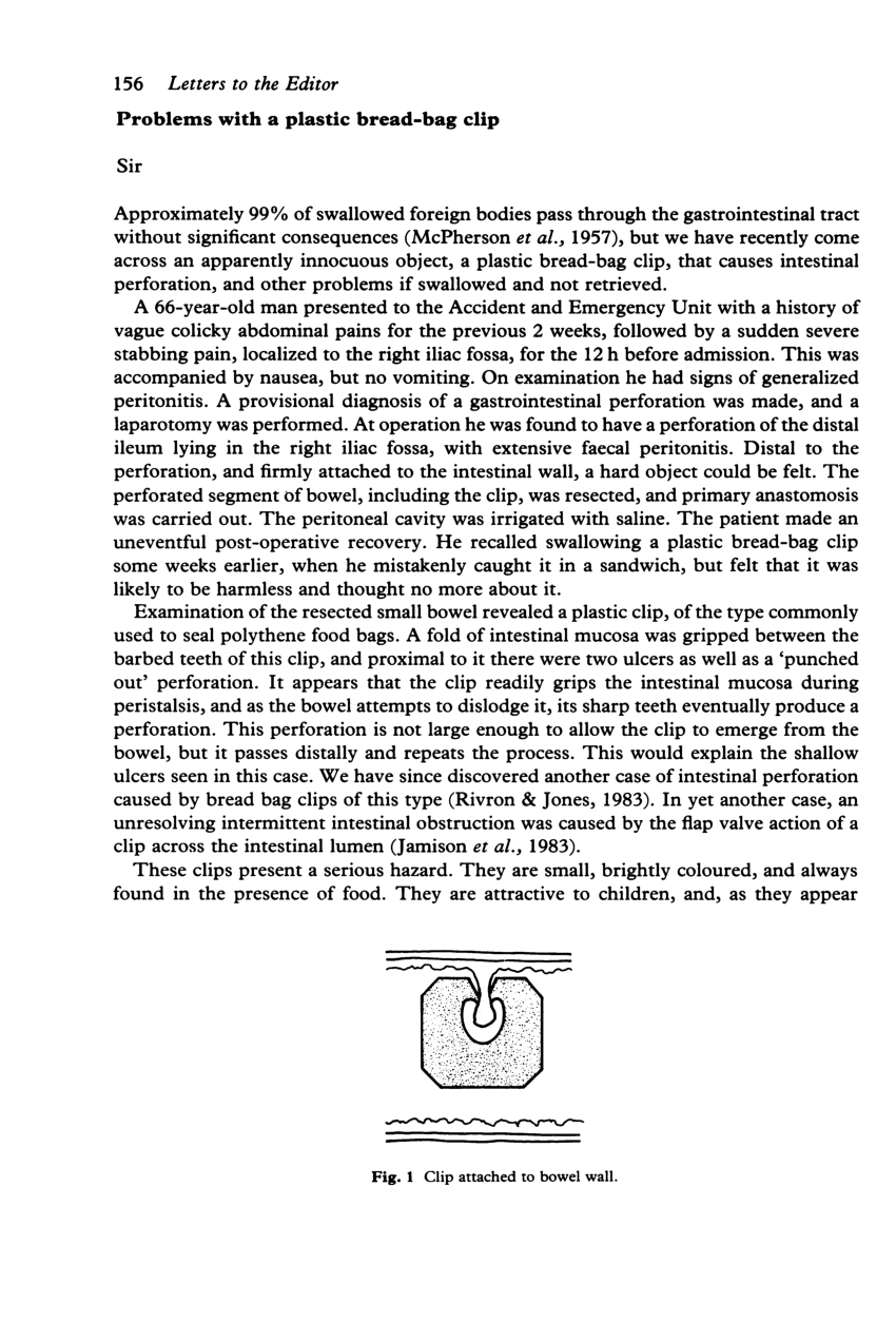 Plastic bread clip impacted in gastrointestinal tract: a case report and  review of the literature