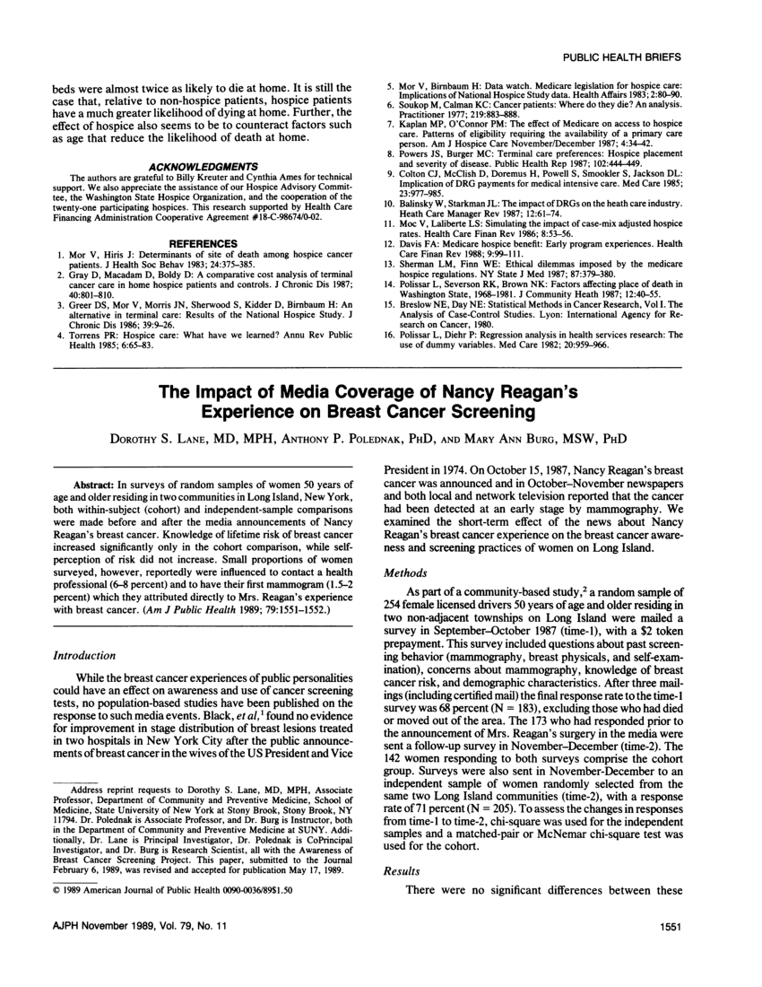 Pdf The Impact Of Media Coverage Of Nancy Reagans Experience On Breast Cancer Screening