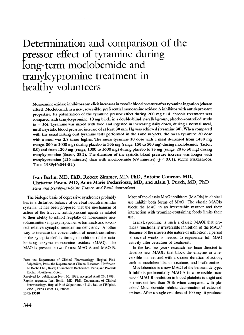 Pdf Determination And Comparison Of The Pressor Effect Of Tyramine During Chronic Moclobemide And Tranylcypromine Treatment In Healthy Volunteers