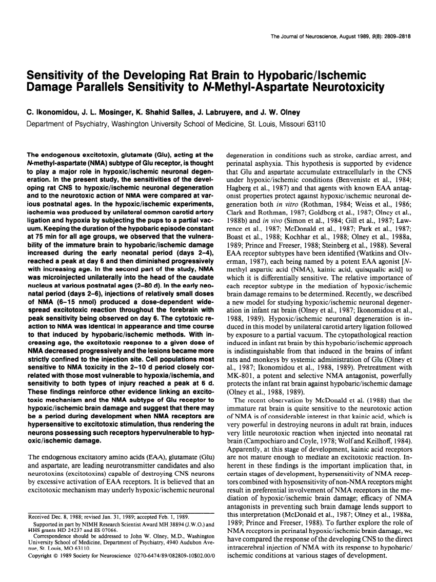 Pdf Ikonomidou C Mosinger Jl Shahid Salles K Labruyere J Olney Jw Sensitivity Of The Developing Rat Brain To Hypobaric Ischemic Damage Parallels Sensitivity To N Methyl Aspartate Neurotoxicity J Neurosci 9 2809 2818