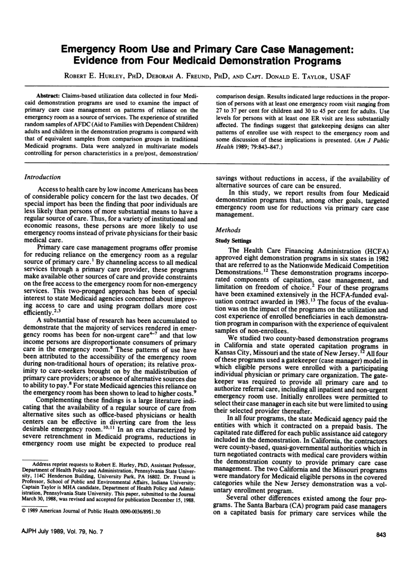 Pdf Emergency Room Use And Primary Care Case Management