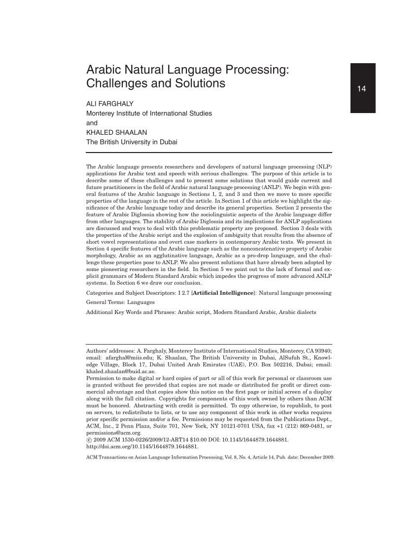 Pdf Arabic Natural Language Processing Challenges And Solutions