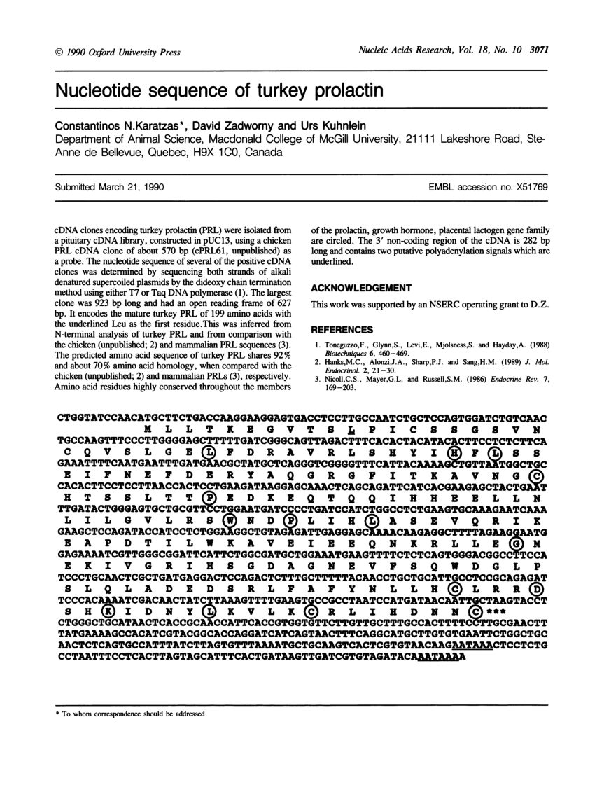 Pdf Nucleotide Sequence Of Turkey Prolactin