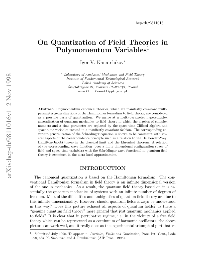 Pdf On Quantization Of Field Theories In Polymomentum Variables - 