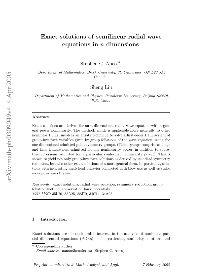 Pdf Exact Solutions Of Semilinear Radial Wave Equations In N Dimensions