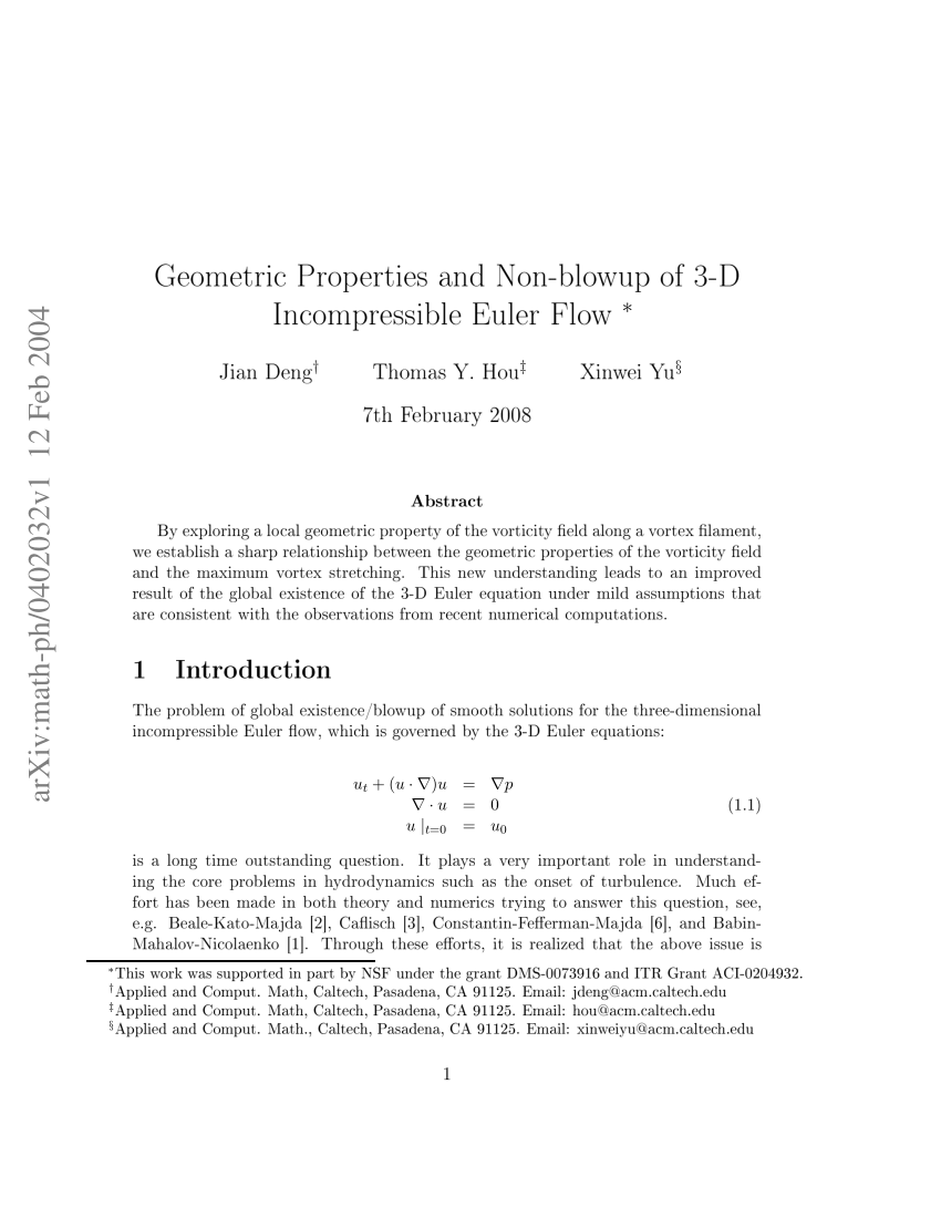 Pdf Geometric Properties And Non Blowup Of 3 D Incompressible Euler Flow