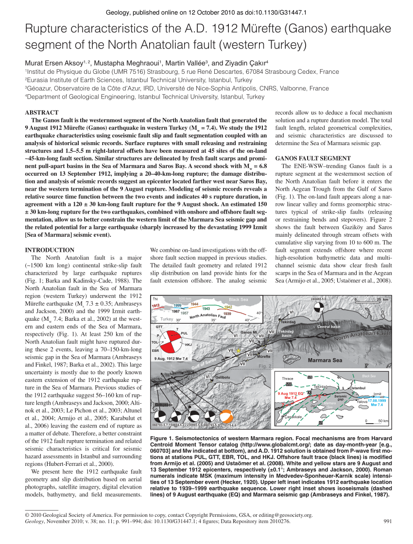 Pdf Rupture Characteristics Of The Ad 1912 Murefte Ganos Earthquake Segment Of The North Anatolian Fault Western Turkey