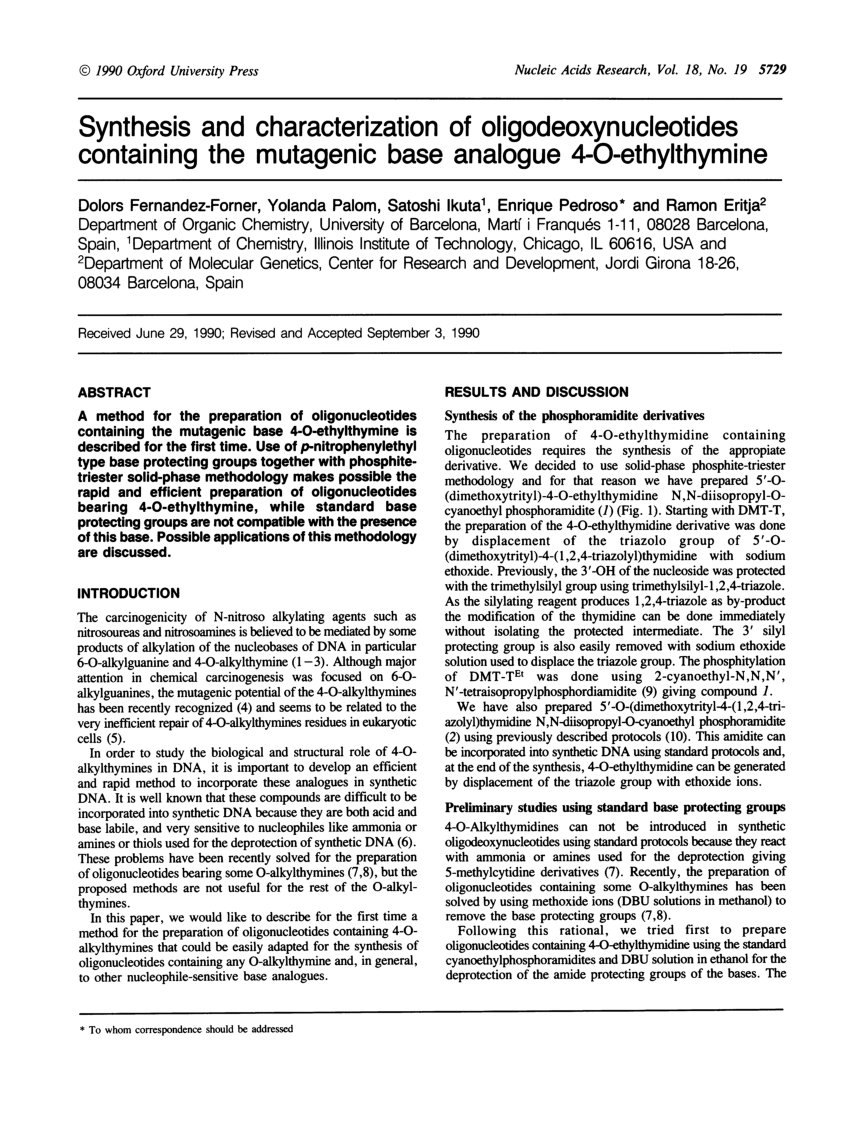 Pdf Synthesis And Characterization Of Oligodeoxynucleotides Containing The Mutagenic Base Analogue 4 O Ethylthymine