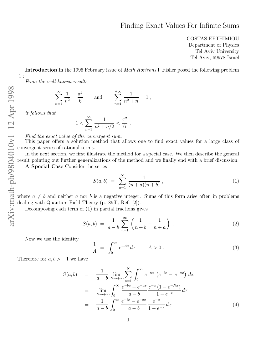 Pdf Finding Exact Values For Infinite Sums