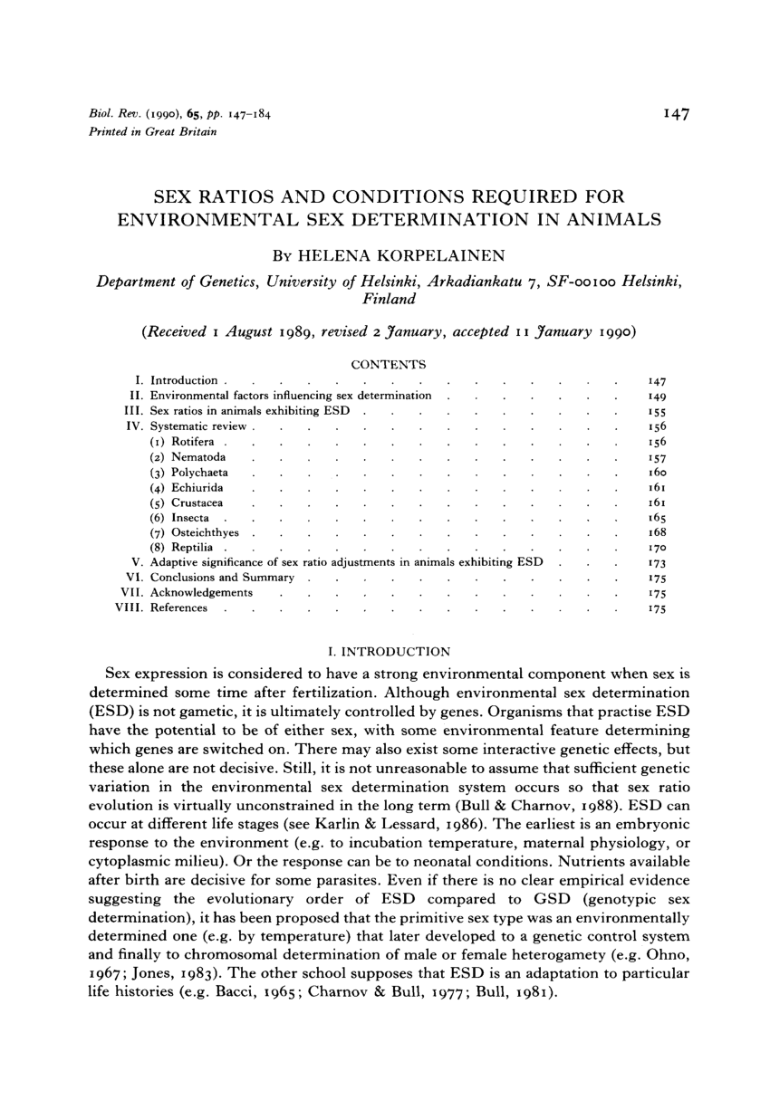 Pdf Sex Ratios And Conditions Required For Environmental Sex