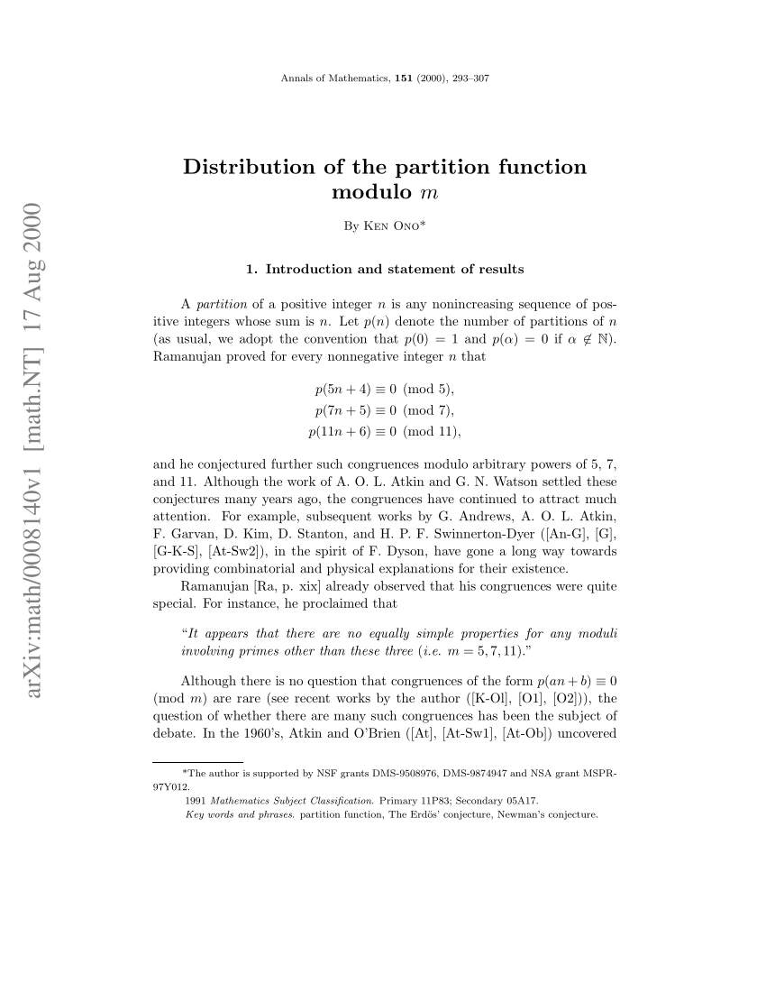 Pdf Distribution Of The Partition Function Modulo M