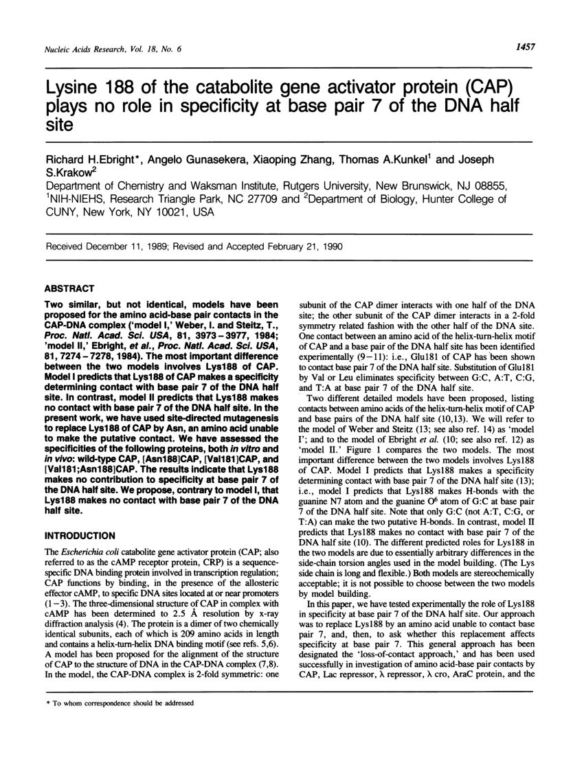 PDF Lysine 188 of the catabolite gene activator protein CAP plays no  role in specificity at base pair 7 of the DNA half site