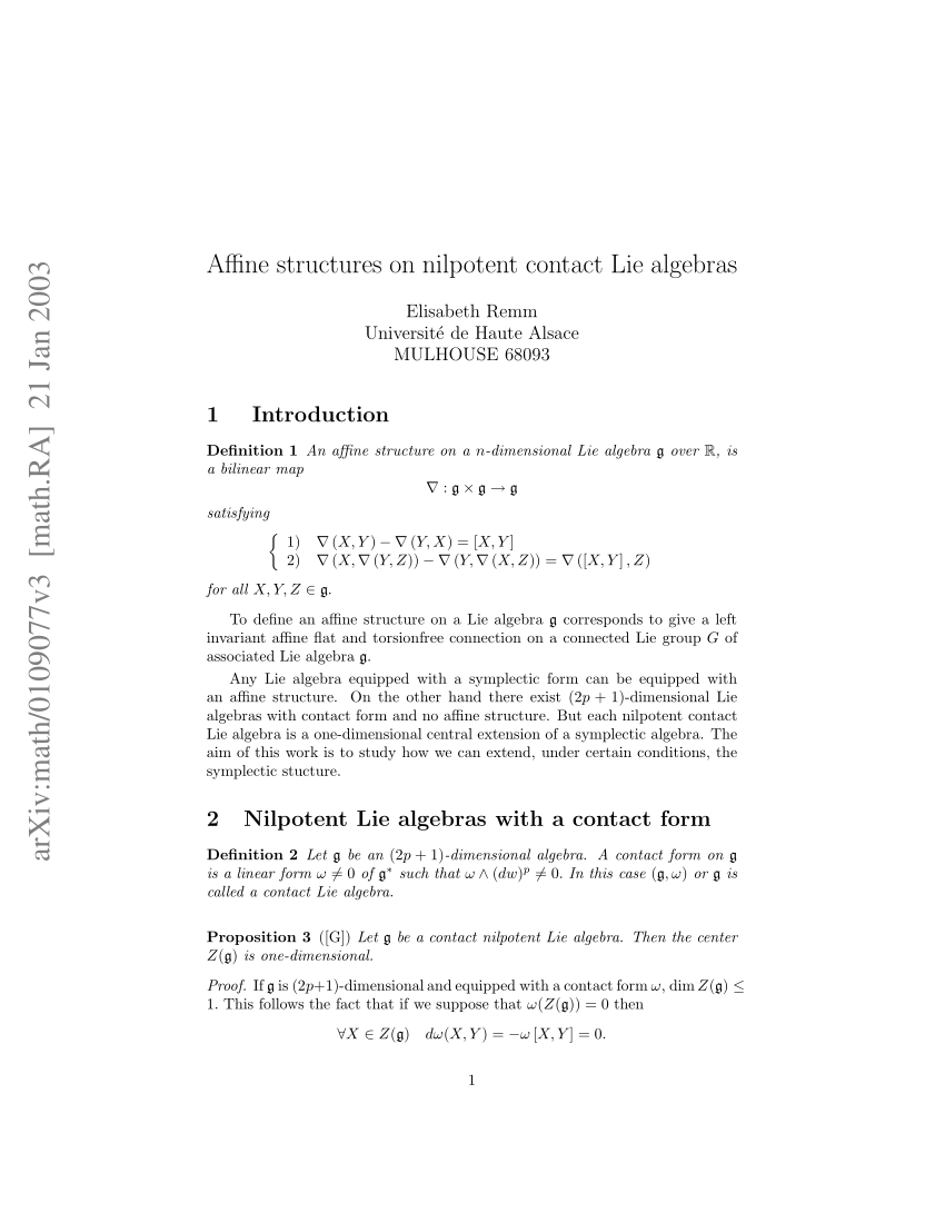 Pdf Affine Structures On Nilpotent Contact Lie Algebras