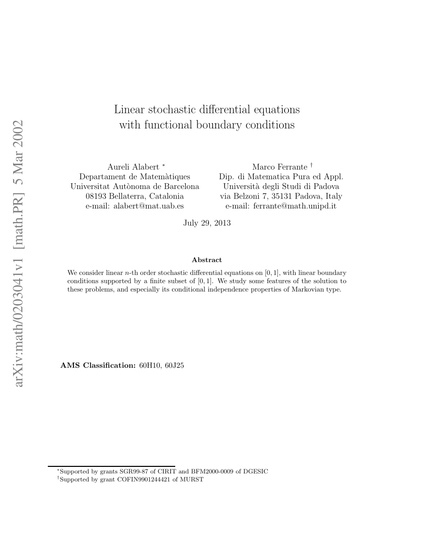 Pdf Linear Stochastic Differential Equations With Functional Boundary Conditions