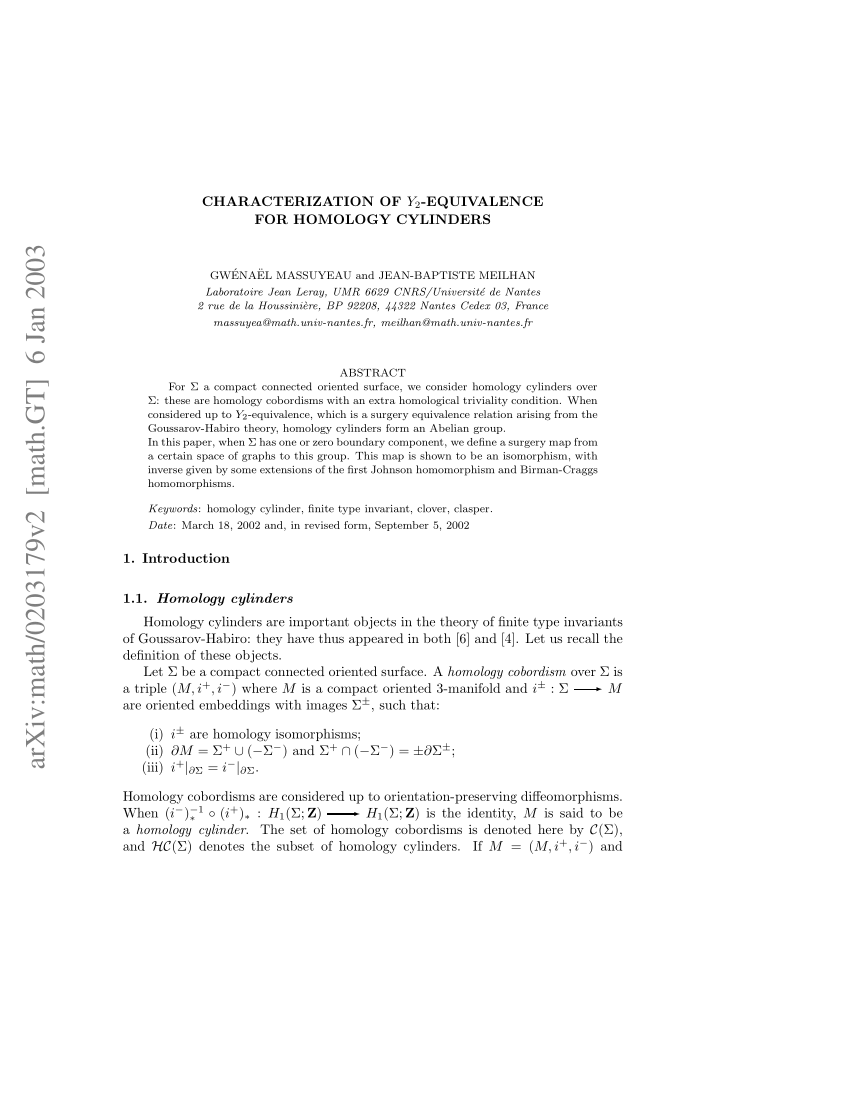 Pdf Characterization Of Y 2 Equivalence For Homology Cylinders