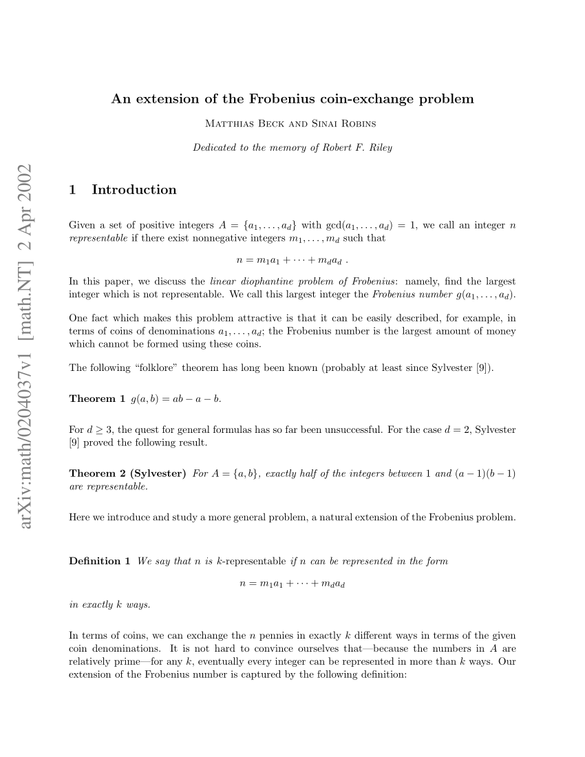 Pdf An Extension Of The Frobenius Coin Exchange Problem