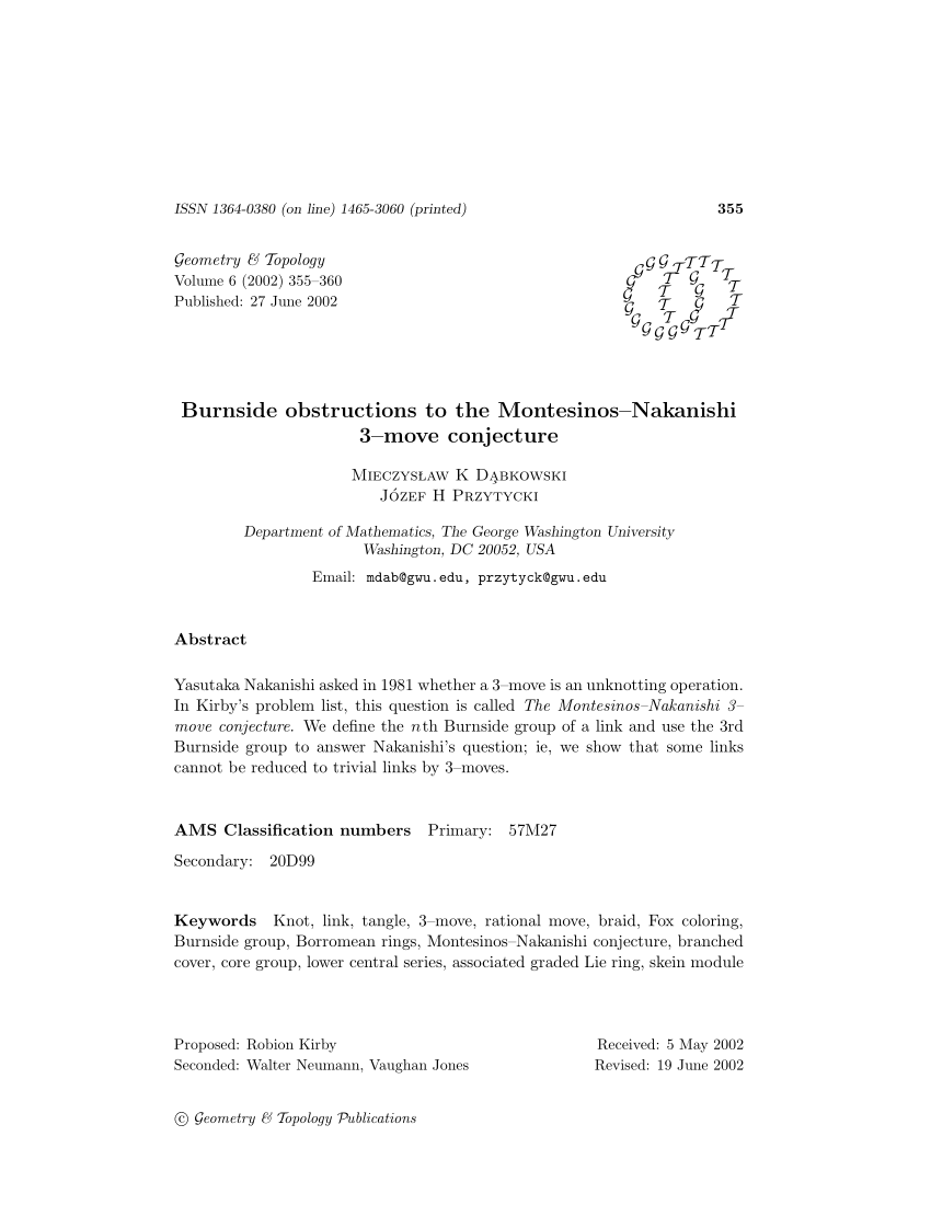 PDF) Burnside obstructions to the Montesinos-Nakanishi 3-move