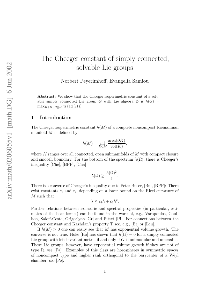 Pdf The Cheeger Constant Of Simply Connected Solvable Lie Groups