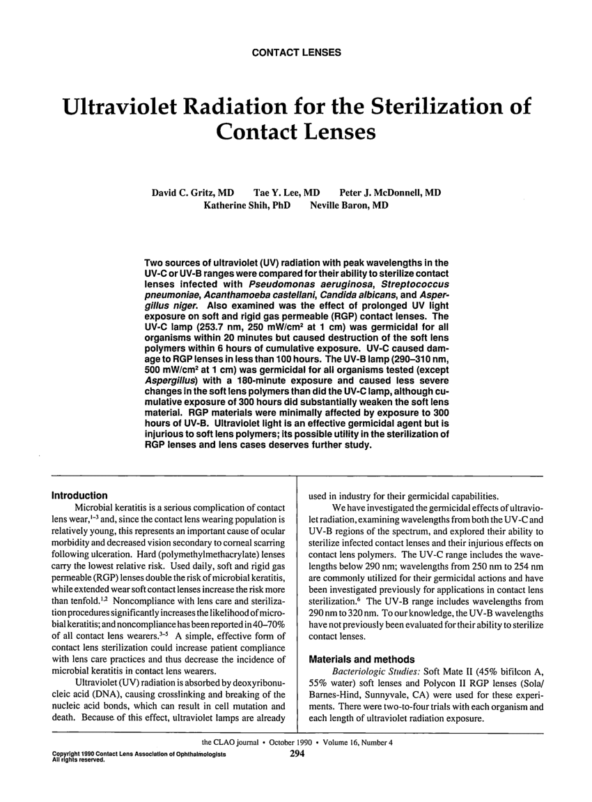 Pdf Ultraviolet Radiation For The Sterilisation Of Contact Lenses