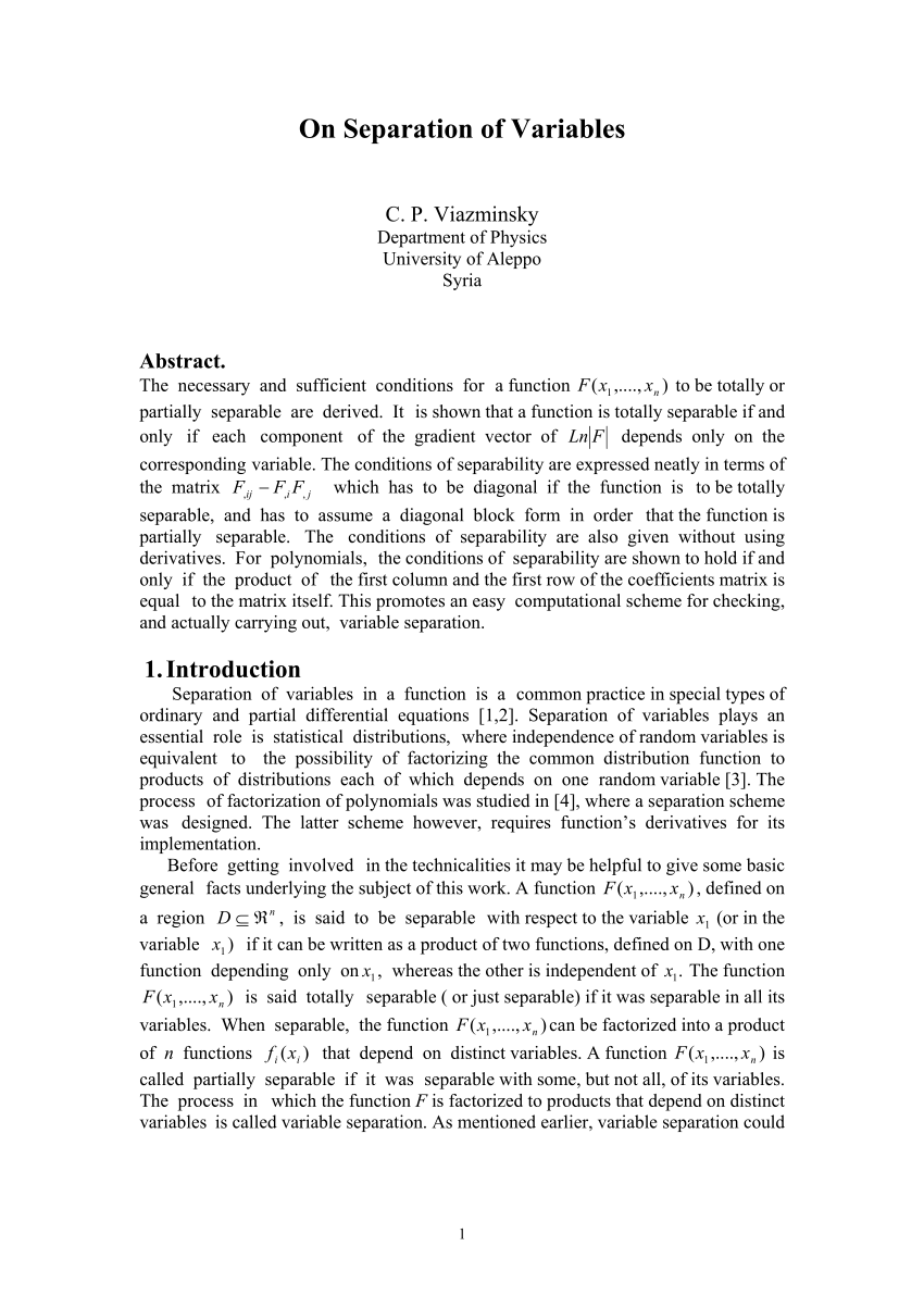 Pdf On Separation Of Variables