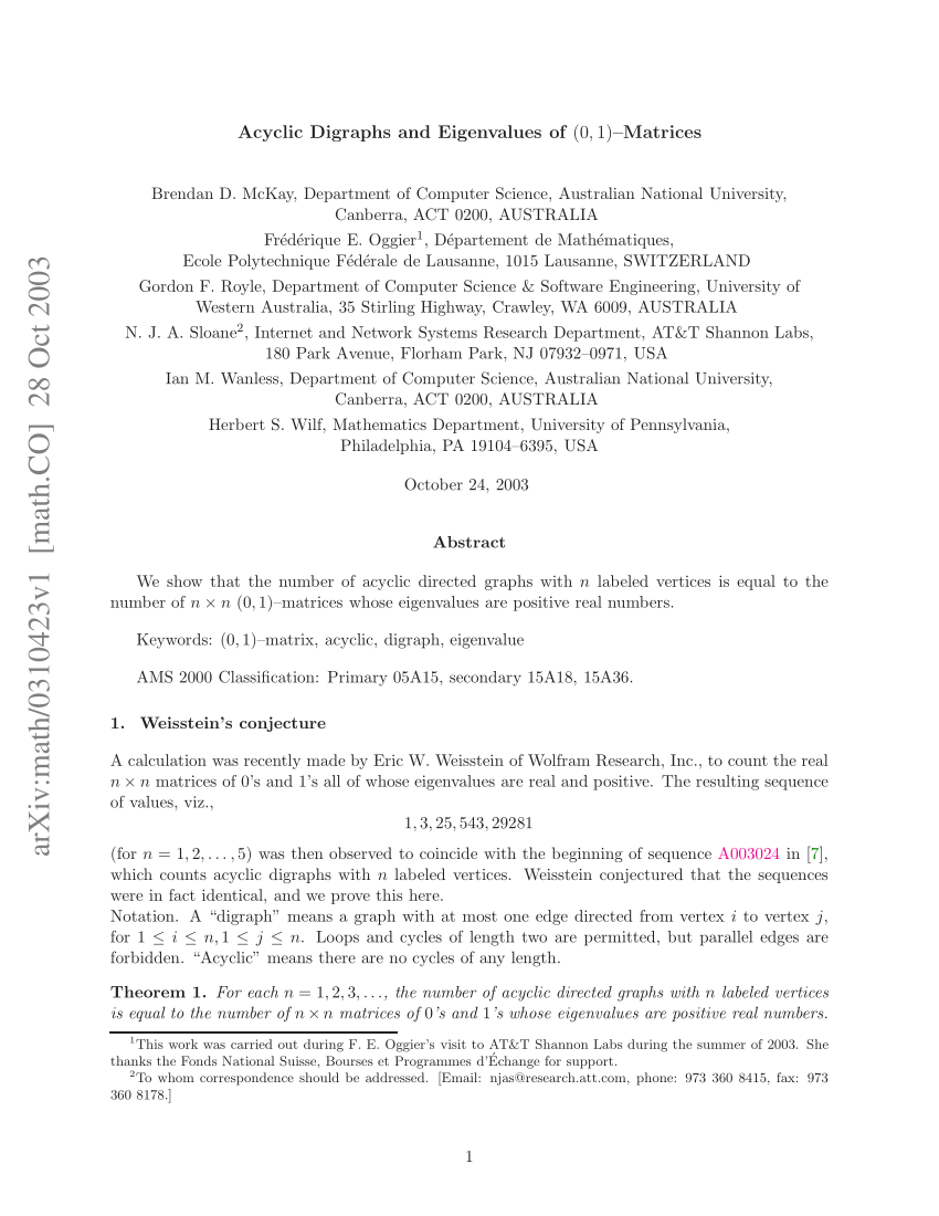 PDF) Acyclic Digraphs and Eigenvalues of (0,1)-Matrices