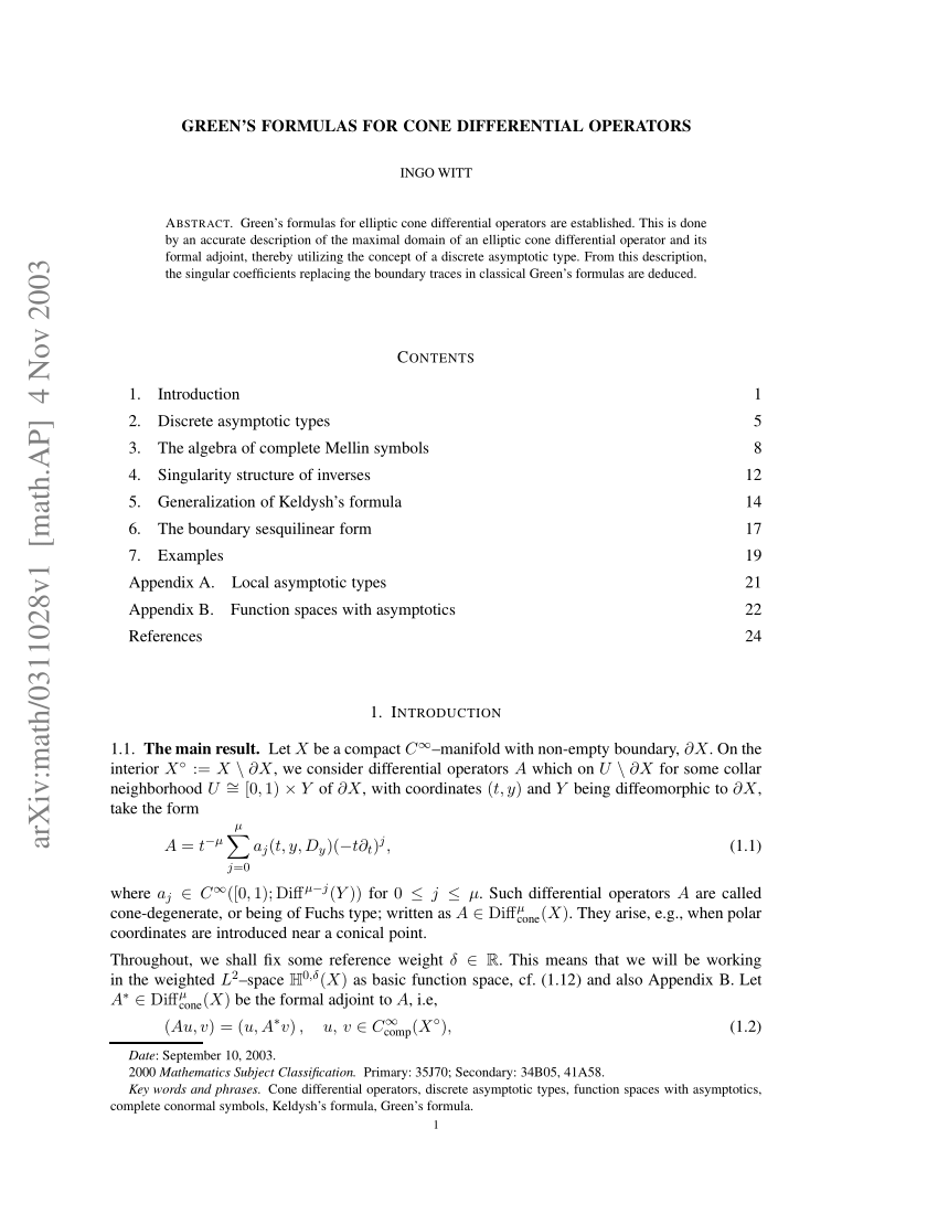 Pdf Green S Formulas For Cone Differential Operators