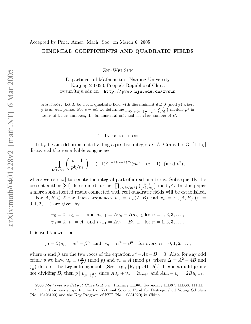 Pdf Binomial Coefficients And Quadratic Fields