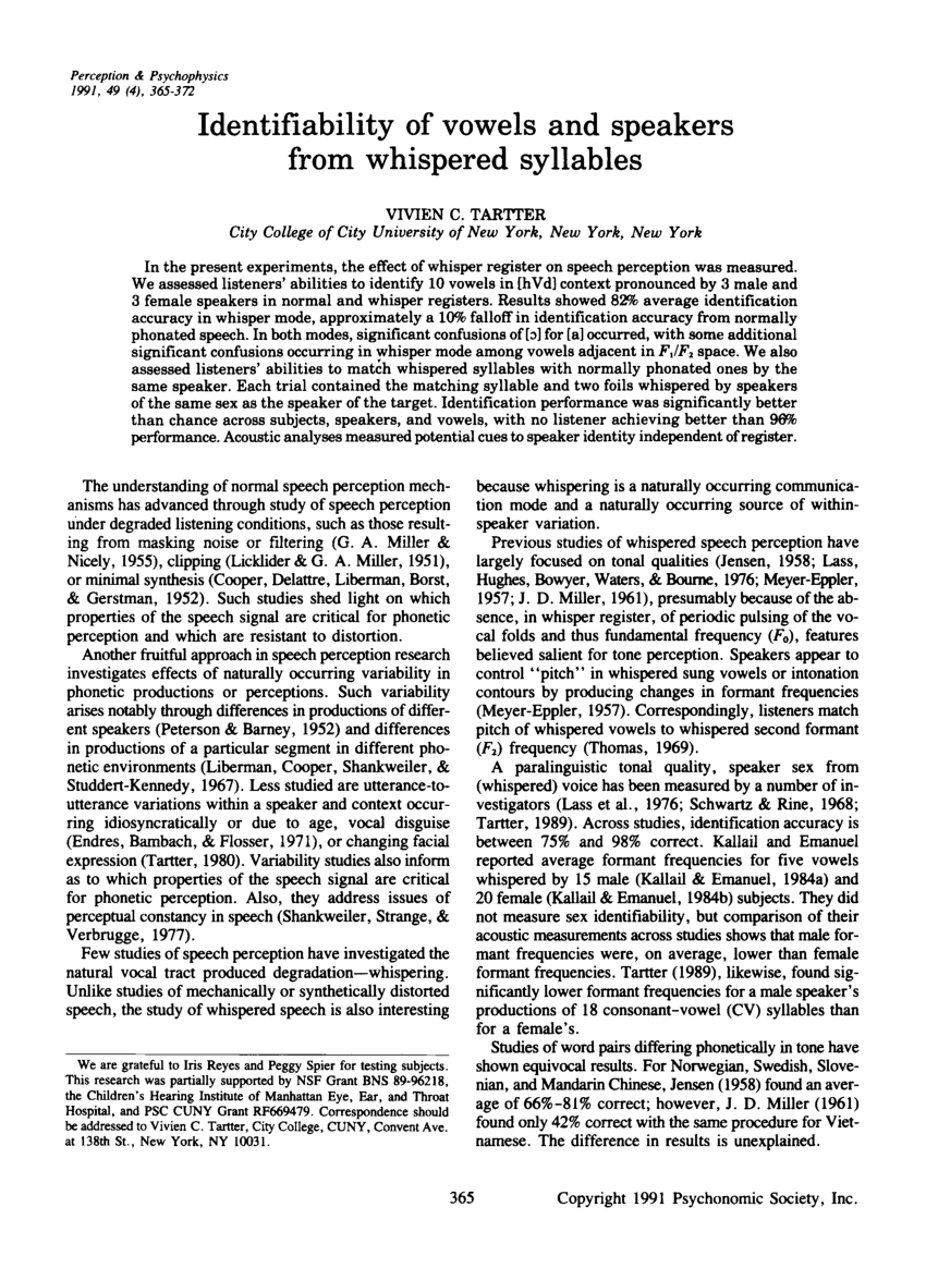 Pdf Identifiability Of Vowels And Speakers From Whispered Syllables