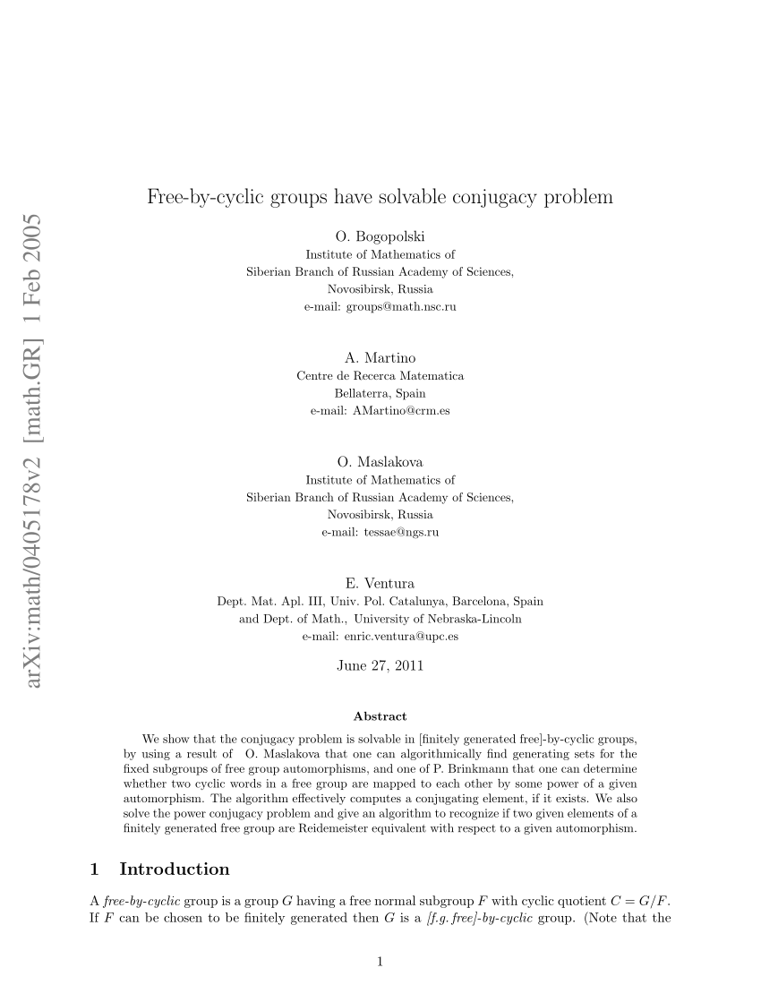 Pdf Free By Cyclic Groups Have Solvable Conjugacy Problem Arxive