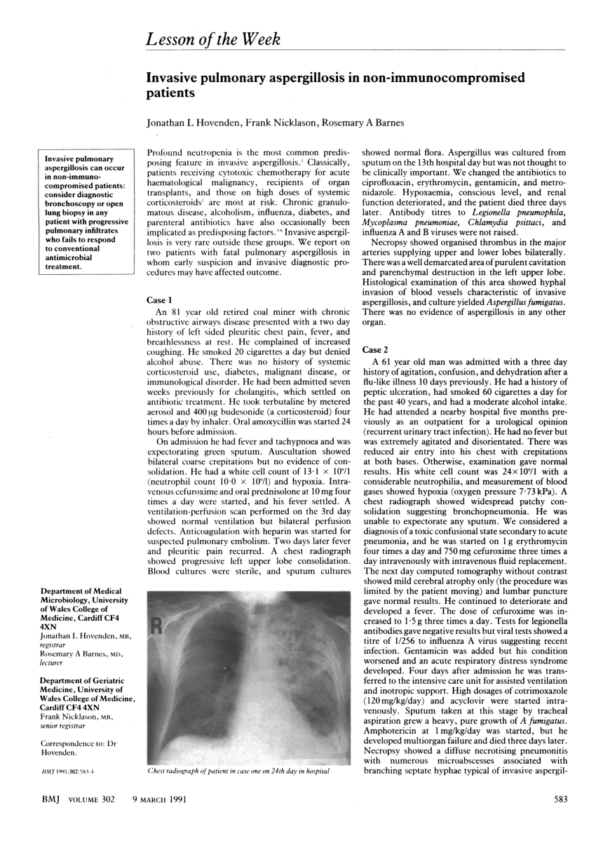 Pdf Invasive Pulmonary Aspergillosis In Non Immunocompromised