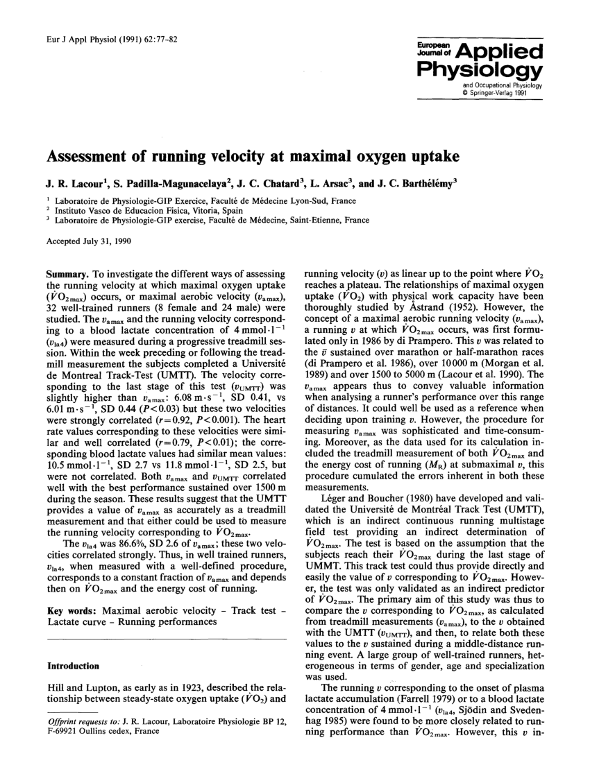 Pdf Assessment Of Running Velocity At Maximal Oxygen Uptake
