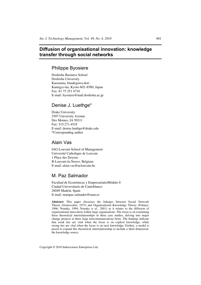 PDF) Diffusion of organisational innovation: Knowledge transfer