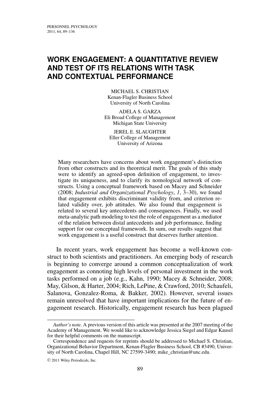 Pdf Work Engagement A Quantitative Review And Test Of Its Relations With Task And Contextual Performance