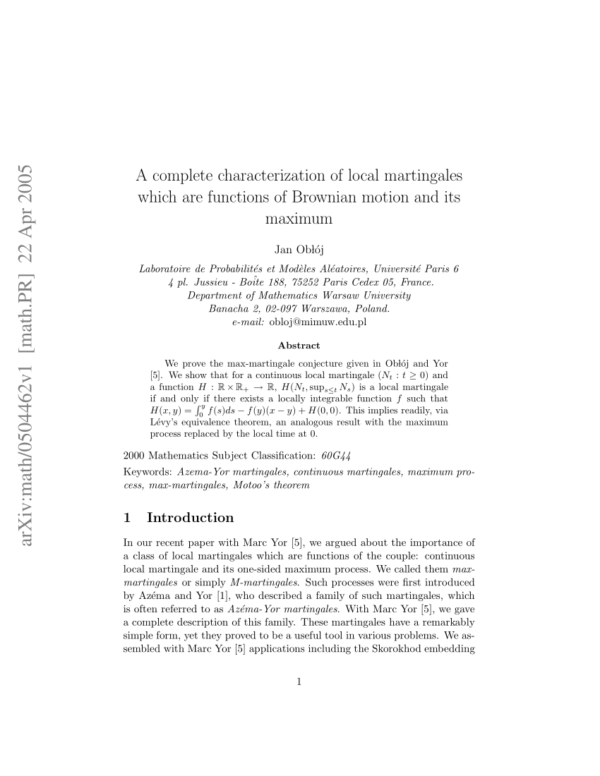 Pdf A Complete Characterization Of Local Martingales Which Are Functions Of Brownian Motion And Its Maximum