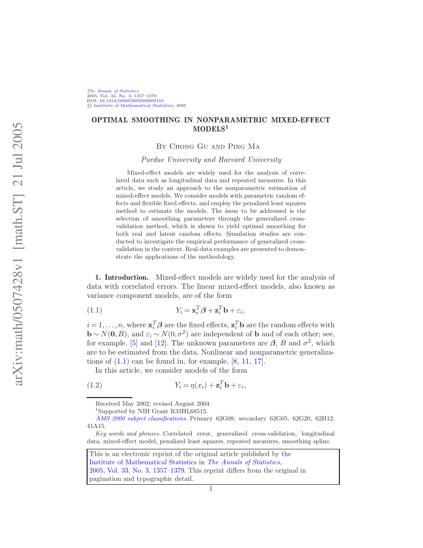 (PDF) Optimal Smoothing in Nonparametric Mixed-Effect Models