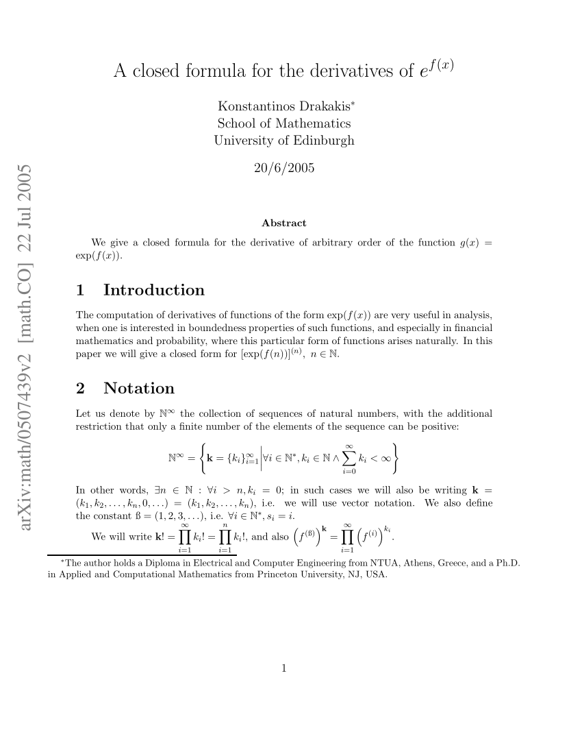 Pdf A Closed Formula For The Derivatives Of Ds E F X