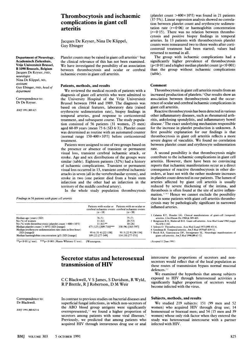 Pdf Thrombocytosis And Ischaemic Complications In Giant Cell Arteritis 6019