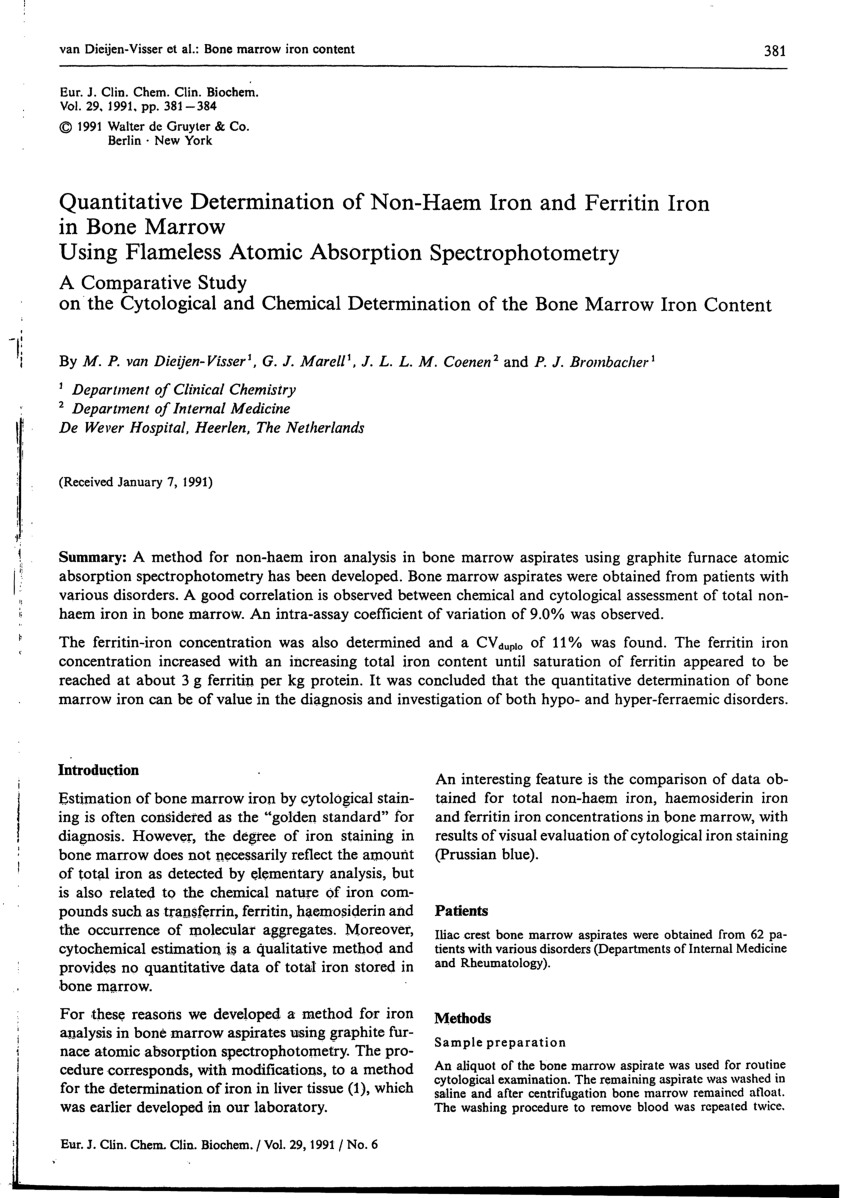 Pdf Quantitative Determination Of Non Haem Iron And Ferritin Iron In Bone Marrow Using Flameless Atomic Absorption Spectrophotometry A Comparative Study On The Cytological And Chemical Determination Of The Bone Marrow Iron Content