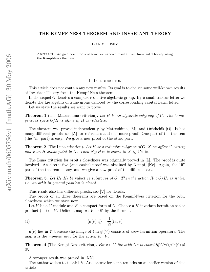 Pdf The Kempf Ness Theorem And Invariant Theory