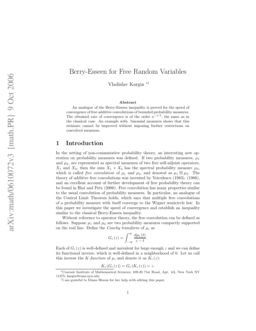 PDF) Berry-Esseen for Free Random Variables